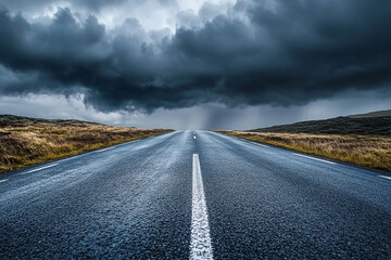 Naklejka premium A long asphalt road stretches towards a menacing storm on the horizon of a cloudy sky