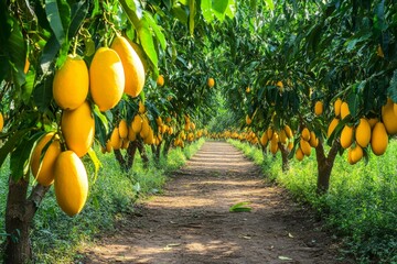 Lush mango orchard with ripe yellow mangoes hanging from trees along a dirt path.