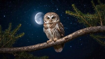 A Tranquil Night: An Owlet Gazing at the Stars in the Quiet Forest
