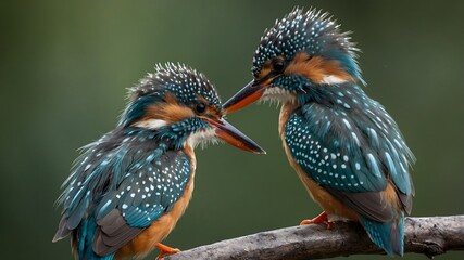 Obraz premium Juvenile Mangareva Kingfisher with Parent: A Heartwarming Moment of Care