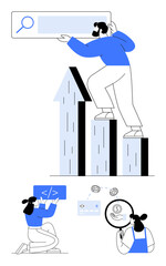 Characters engage in web search, coding, and financial analysis, with a prominent upward growth graph. Ideal for business growth, technology, finance, analytics, development productivity success