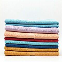 stack of colorful soft terry cloth towels on white background