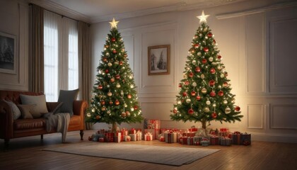 Christmas tree decorated with ornaments and lights in a room, holiday decor, sparkling lights