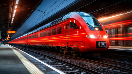 Fototapeta premium High-Speed Train: A Red Streak Across the Rails, Capturing the Energy of Modern Transportation