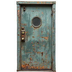 A weathered metal door with peeling paint and a circular window.