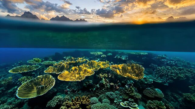 Coral Reef Sunset: A breathtaking split-level image captures the vibrant underwater world of a coral reef teeming with life, juxtaposed with a stunning sunset over a mountain range.