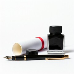 black ink bottle with gold trim fountain pen and white rolled up paper on white background
