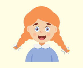Happy girl face portrait. Cute school child. Vector illustration