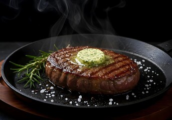 Fototapeta premium Deliciously Seared Steak with Herbed Butter in Cast Iron Pan