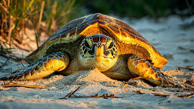 Sea Turtle on Sandy Beach at Sunset: A majestic sea turtle, its shell gleaming in the golden light of the setting sun, rests on a sandy beach, creating a breathtaking scene of marine wildlife. 