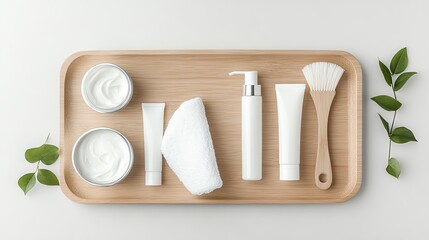 Top view of skincare products and accessories on a wooden tray with green leaves, embodying natural and minimalist beauty care.