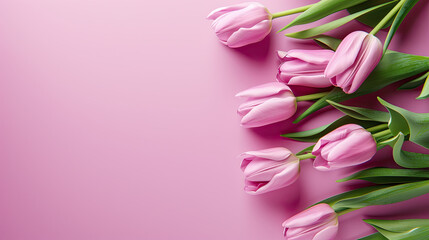 Obraz premium On the right is a border of pink tulips on a pure lilac background,the flowers have delicate petals and green leaves that add color to the composition.Floral greeting card for Mother's Day,Internation