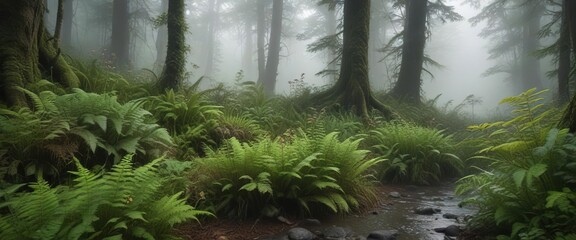 Obraz premium Overgrown forest floor with ferns, wildflowers, and moss, shrouded in a damp fog, wildflowers, moss