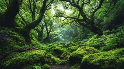 Fototapeta premium Lush green forest path, misty valley, mossy rocks, nature background, environmental conservation