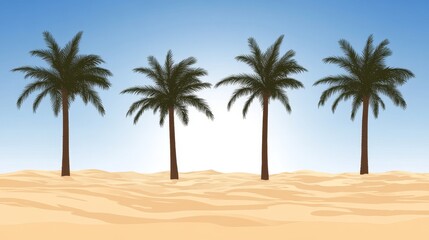Four Silhouetted Palm Trees on a Sandy Beach Under a Clear Blue Sky
