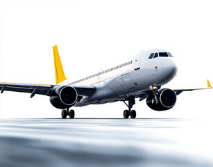 Obraz premium Isolated airplane in air with clean white background, showcasing its sleek design and yellow accents. Perfect for travel and aviation themes