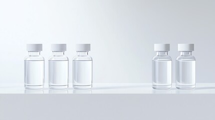 Clear glass vials with white caps arranged against a minimalist background, ideal for pharmaceutical or laboratory themes.