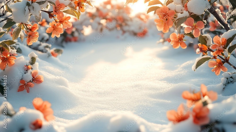 Poster beautiful snow covered flowering tree branches with bright sunlight filtering through creating a mag