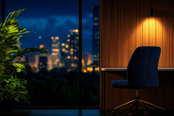 modern office interior featuring blue chair, white desk, and large window showcasing city skyline at night. warm light creates cozy atmosphere