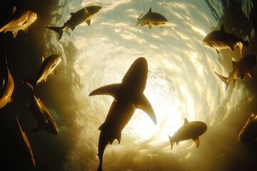 Silhouetted sharks swim in a sunlit ocean, creating a dramatic underwater scene. Perfect for documentaries, articles about marine life, or websites related to ocean conservation.