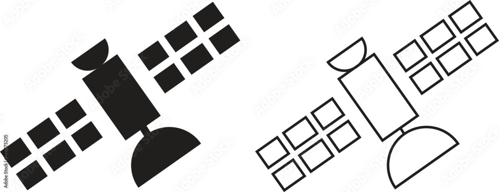 Poster satellite station icons set in flat and line styles. internet communication vectors. broadcast symbo