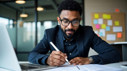 Fototapeta premium Serious African American Businessman Signing Documents and Preparing Financial Report in Office