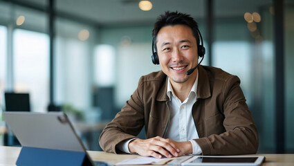 Focused Asian Support Worker with Headset in a Professional Office Environment