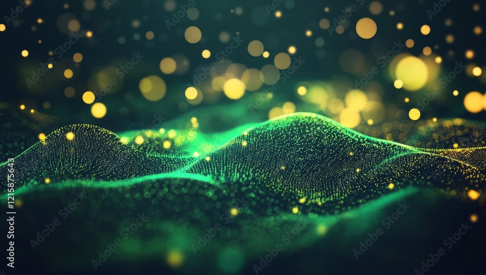 Poster abstract green and gold particle wave background.