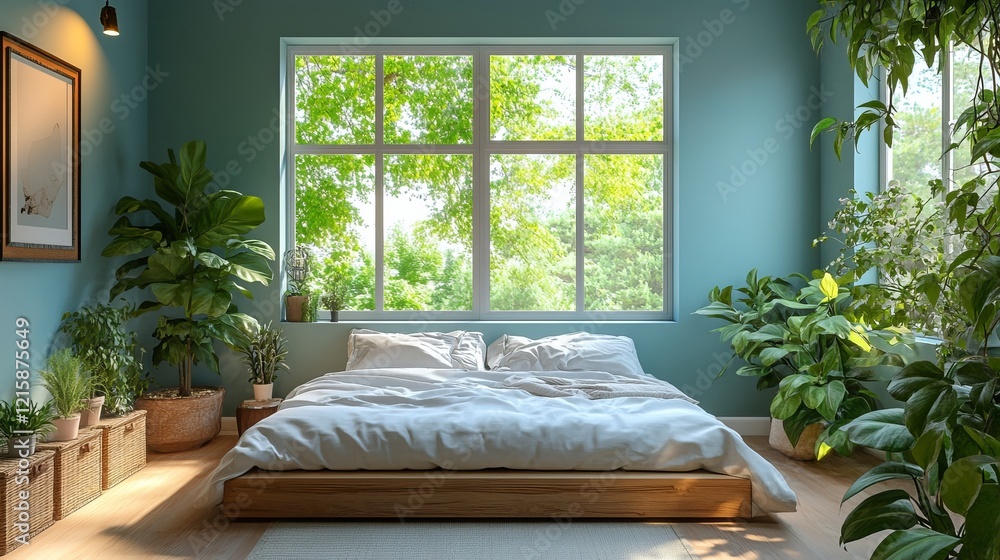 Poster cozy bedroom featuring a plush bed nestled against a bright window allowing soft natural light to fi