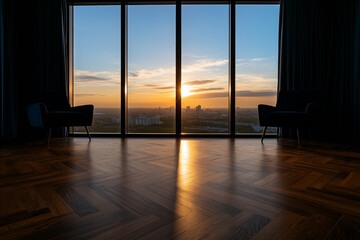 Fototapeta premium modern interior with two chairs, showcasing stunning sunset view through large glass windows. warm glow reflects on polished wooden floor, creating serene atmosphere