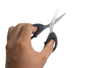 close up of male hand holding small scissor on white background