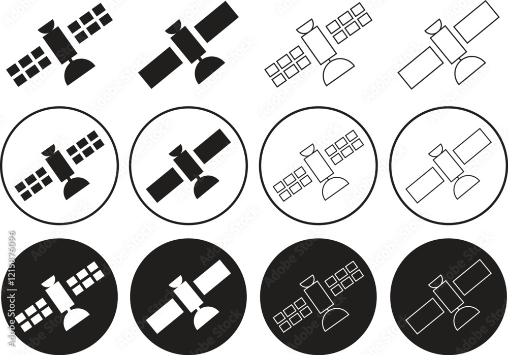 Poster satellite station icons set in flat and line styles. internet communication vectors. broadcast symbo
