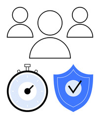 Group of three people stopwatch and shield with checkmark. Ideal for collaboration, efficiency, security, teamwork, reliability, punctuality, protection. Line metaphor