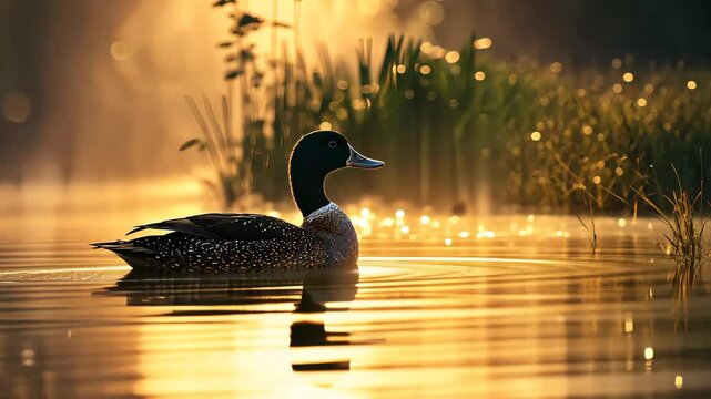 Golden Hour Serenity: A lone eider duck glides serenely across a tranquil lake, bathed in the golden light of sunrise.  Its silhouette is reflected on the water.