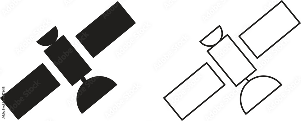 Poster Satellite station icons set in flat and line styles. Internet communication vectors. Broadcast symbols. Space station illustration for graphic and website designs isolated on transparent background.