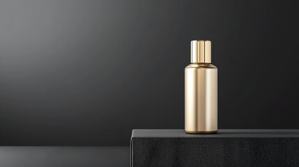 Elegant gold bottle on a dark textured platform, showcasing premium packaging design in a minimalist setting.
