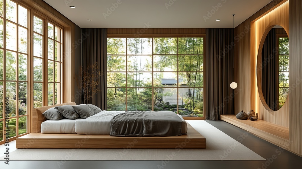 Poster cozy and inviting bedroom with a spacious large bed surrounded by soft textiles and a bright large w