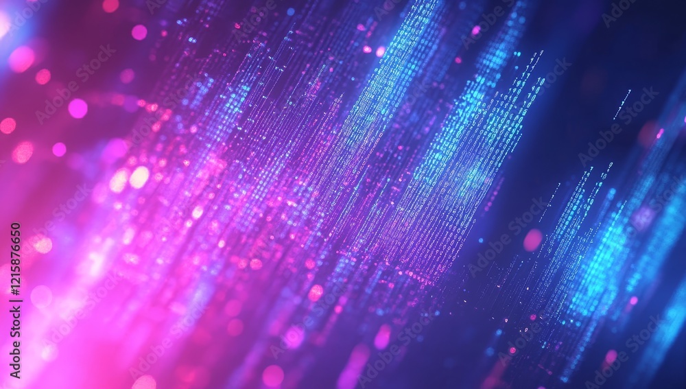 Poster abstract digital data streams with glowing particles and vibrant pink and blue colors.