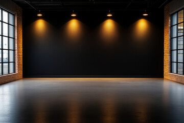 spacious studio with dark wall and warm spotlights illuminating floor, creating dramatic atmosphere perfect for photography or events