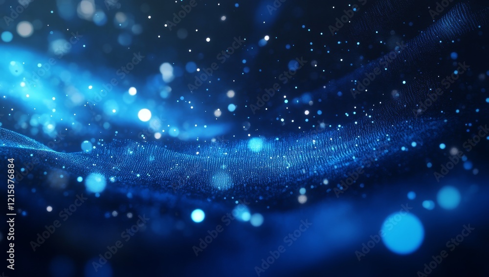 Fototapete abstract blue particle wave background with bokeh lights.