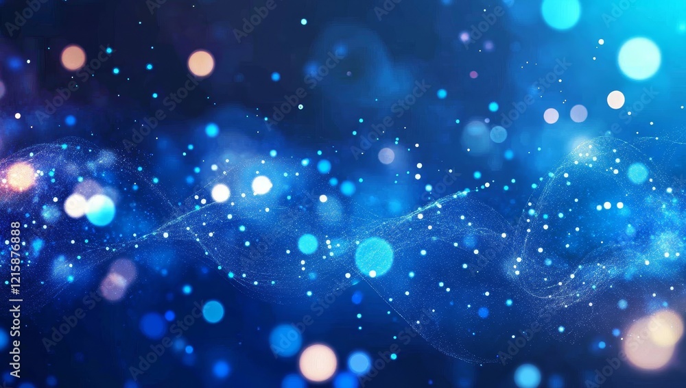 Poster Abstract blue bokeh background with glowing particles and wave.