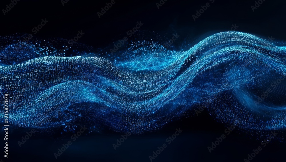 Poster abstract blue particle wave flowing on dark background.