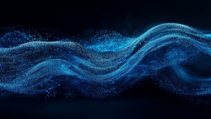 Abstract blue particle wave flowing on dark background.