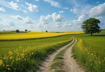 Scenic Country Road Winding Through Vibrant Yellow Fields