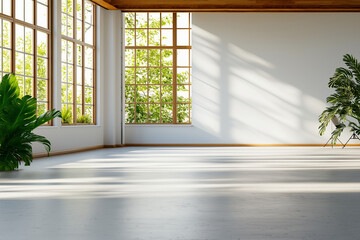 Fototapeta premium Bright and airy interior with large windows, plants, and wooden beams, creating serene atmosphere. Perfect for photography or relaxation