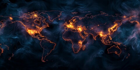 Fototapeta premium Glowing world map engulfed in smoke.