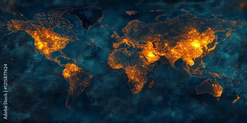 Poster global network, illuminated world map at night.