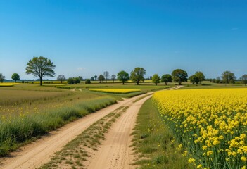 Scenic Country Road Winding Through Vibrant Yellow Fields