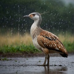 Bustard in the Rain: Feathers Glistening in the Misty Landscape