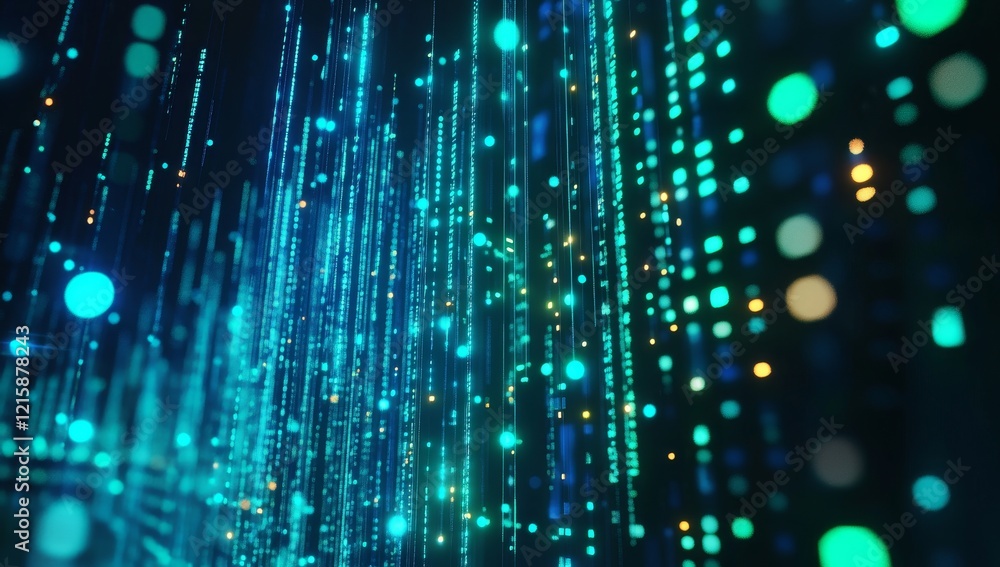 Poster abstract glowing teal and gold particle streams on black background.